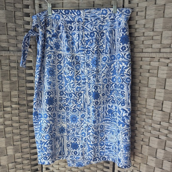 Ann Taylor Dresses & Skirts - Ann Taylor Wrap Skirt Side Tie Blue White Floral Tile Print 14 Coastal Preppy